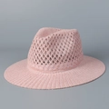 Detailed close-up of pink woven fedora straw hat featuring breathable hollow-out patterns - M(56-58cm) / Pink