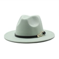 Detail of mint green wool fedora with black leather band and golden teardrop buckle - Mint Green