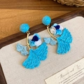 Blue chiffon flower tassel earrings with boho woven wings and gold studs for women - 67# Silver Pin Bohemian Woven Wing Floral Style Blue Gold