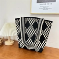 Detailed knit tote bag with black and white checkerboard pattern on a wooden table - 15 Small Diamond Black