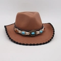 Brown wool felt cowboy hat with turquoise stone band and black braided edge trim - One Size / Khaki Black Edge (Blue Yellow Belt)