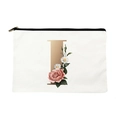 White canvas makeup bag with golden letter I and floral print with black zipper - Letter I