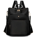 Minimalist black waterproof nylon backpack with golden zippers and leather trim - Black