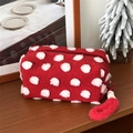 Red plush polka dot cosmetic bag with white spots and a fluffy charm pendant - Handheld Red Woolen Polka Dot