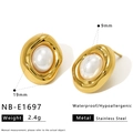 Detail view of 18K gold plated stainless steel earring with white oval natural stone inlay - Pearl Irregular Oval Style (NB-E1697)