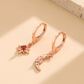 Rose gold asymmetrical star and moon hoop earrings with red zircon accents - Rose Gold with Red Stone