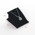 Black velvet necklace display stand with detailed dimensions in inches and silver chain - Black