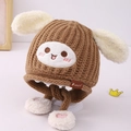 Braune gestrickte Wintermütze für Kinder mit langen weißen Plüsch-Hasenohren - Kinder / Dunkelbraun