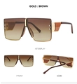 Detailed views of gold square rimless sunglasses with brown gradient lenses and cutout temples - Gold Frame Tea Lens