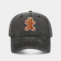 Detail of embroidered gingerbread man on washed black vintage cotton baseball cap - Adjustable / Gingerbread Man Pattern Black