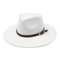 Classic white wide brim wool fedora hat with brown leather band and gold buckle detail - M(56-58cm) / White