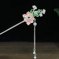 Antike chinesische Haarnadel mit rosa Blüten, Quasten und Perlen im floralen Design - Rosa Farbverlauf Blume Quaste (0178)