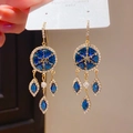 Pendientes vintage dorados con piedras azul zafiro corte estrella y agujas de plata S925 - Gancho de oreja-Oro-Azul Oscuro