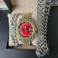 Hip hop jewelry set with red dial diamond watch and two iced out Cuban chain bracelets - Red Watch + Silver Bracelet and Necklace
