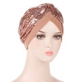 Fashionable rose gold sequin turban cap with crisscross wrap design on a white background - Khaki