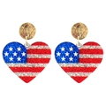 Close-up of heart-shaped USA flag earrings with patriotic glitter texture and gold studs - Heart Studs