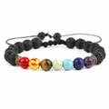 Adjustable 7 Chakra beaded bracelet featuring black lava stones and colorful tiger eye gems - Lava Stone Special
