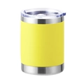 Detail view of a yellow 304 stainless steel mug with a clear lid and silver rim finish - 10oz / Powder Coated Yellow