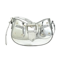 Silver metallic leather shoulder bag with rivets and zippers in a cool moto style - Silver