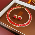 Luxury red square gemstone jewelry set with necklace and earrings in golden finish - Red