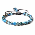 Handmade 6mm natural stone beaded bracelet with blue and grey marble texture and adjustable cord - 6mm / Blue Fire Agate