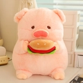 Plush pink pig doll toy holding a cute hamburger plushie in a warm home setting - Burger Pig