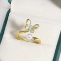 Adjustable gold butterfly ring with gradient blue enamel, pearl, and zircon stones - Gradient Blue Enamel Butterfly (Gold 5)