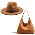 British style faux suede fedora hat and matching tote bag set in tan brown - M (56-58cm) / Suede Khaki Set
