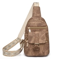 Braune Canvas-Brusttasche mit bunt gewebtem Gurt und goldenen Reißverschlüssen für Damen - Braun