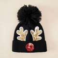 Kids black knit Christmas hat with gold sequin reindeer antlers and a fluffy pom-pom - One Size / Black