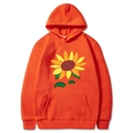Detail of orange drawstring hoodie featuring hand-drawn sunflower print and kangaroo pocket - Orange