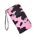 Pink and black cow print long PU leather zipper wallet with wrist strap and pebble texture - Pink and Black Cow Print / Pink