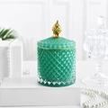 Elegant green diamond-pattern glass jar with decorative gold lid and knob - Blue Gold
