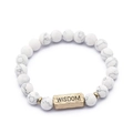 White turquoise beaded bracelet with gold rectangular bead engraved with WISDOM - Howlite-Wisdom