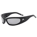 Futuristic Y2K wrap sunglasses in black glossy frame with silver crescent logo - Black Frame Silver Mirror