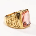 Gold stainless steel ring with rectangle pink orange gemstone and leaf engraving - Gold Pink
