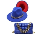 Detailed view of navy wide brim fedora with gold chain and matching quilted shoulder bag - M (56-58cm) / Royal Blue + Red