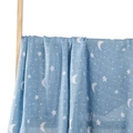 Light blue muslin baby swaddle blanket with white star and moon patterns on a wooden rack - Light Blue Star Moon (S129)