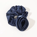 Glossy navy blue satin scrunchie with a 3D rose flower design for hair styling - Navy Blue