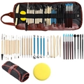 Clay sculpting tool set with wooden handles, sponges, and a black canvas wrap case - 36-piece Clay Tool Set [a] / Pencil Bag