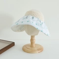 Detail of girls floral sun hat with lace bow and scalloped brim on wooden mannequin head - 52cm (3-6 Years) / Blue
