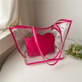 Transparente PVC-Tragetasche mit neongrasrosa Besatz und herzförmiger Innentasche - Rosa