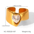 Detailed top view of gold heart zircon ring showing 1.98cm diameter and adjustable band - Wide Open Band Clear Heart Zirconia (HC-R30539-WT)