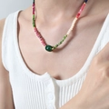 Collana artigianale in agata naturale colorata con ciondolo a forma di tamburo verde - Collana di Agata Verde / 45+5cm