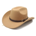 Detail of wide brim cowboy hat featuring metallic eyelets and brown leather belt trim - M (56-58cm) / Camel