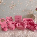 Pink velvet miniature furniture jewelry box set with sofa and dresser on white rug - Rose Pink 7-Piece Set