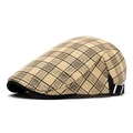 Classic khaki plaid cotton newsboy cap with black brim and adjustable metal buckle - One Size(Adjustable) / Camel Lattice