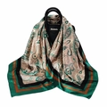 Satin square scarf with paisley print and silk texture draped on a black handbag - 90x90cm / Black Floral