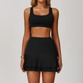 Women's black yoga set with U-neck sports bra and pleated tennis skirt outfit - S / Top And Bottom / Bra And Skirt / Premium Black
