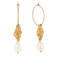 Golden seashell hoop earrings with freshwater pearl charms in a minimalist elegant style - Freshwater Pearl Conch Round Hoop / Gold